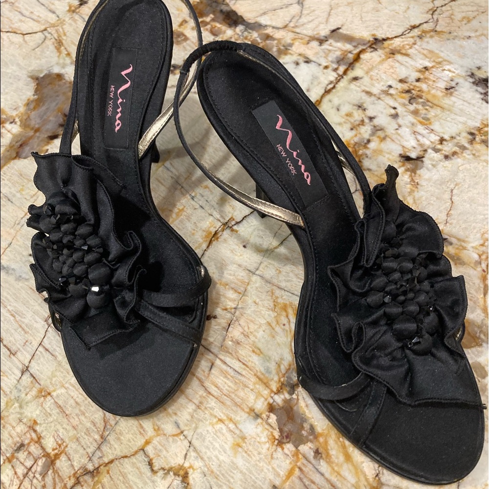 Black special occasion heels with fabric embellished flowers